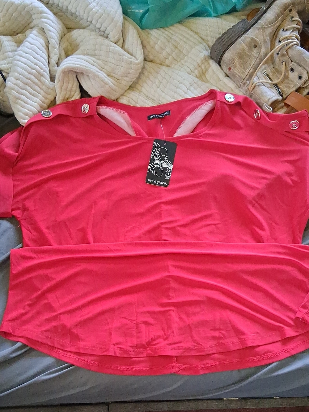 Ava & Grace Hot Pink Button-Shoulder Short Sleeve Top